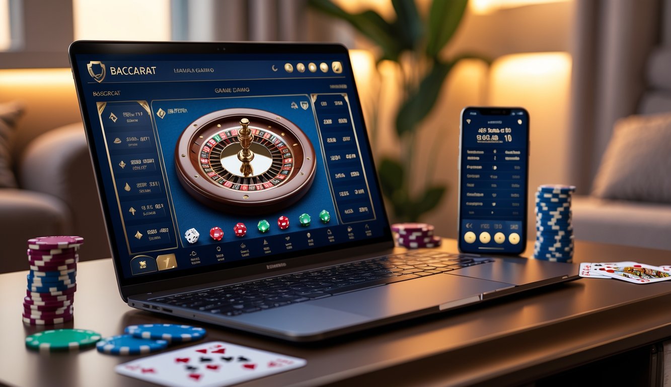 Seorang pemain sedang menggunakan laptop dengan permainan baccarat online di meja yang rapi, dikelilingi oleh chip poker dan kartu remi di ruangan yang nyaman.