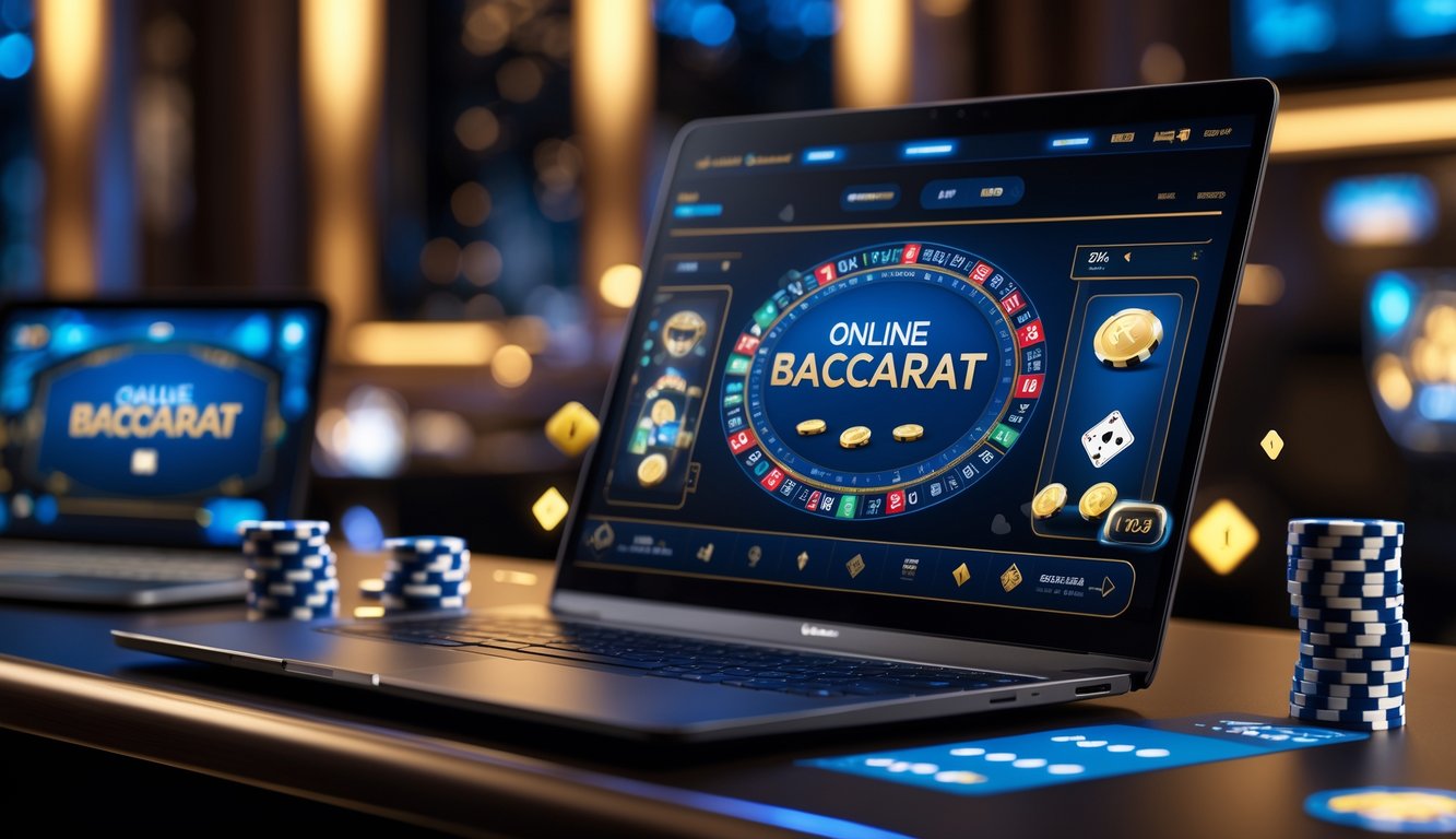 Seorang pria duduk di depan laptop dengan tampilan permainan baccarat online di layar, di meja yang rapi dengan chip dan kartu permainan, suasana terang dan modern.