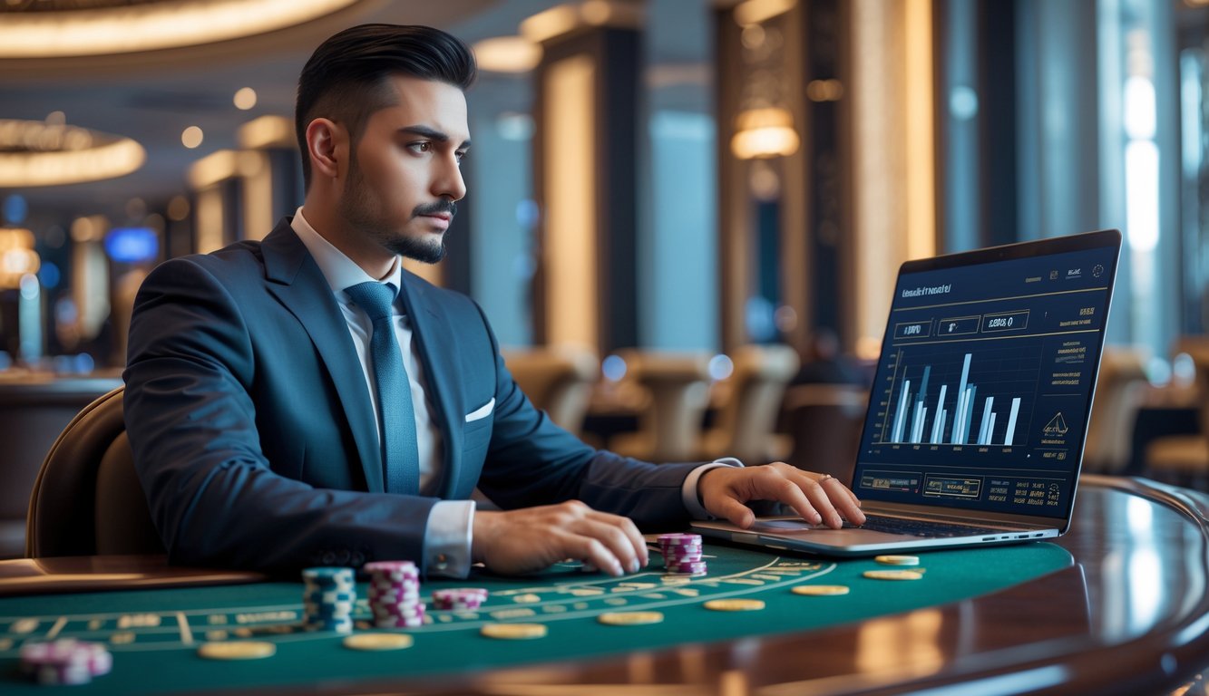 Seorang pria bisnis duduk di meja kasino dengan kartu baccarat, chip, dan laptop, terlihat fokus merencanakan strategi menang.