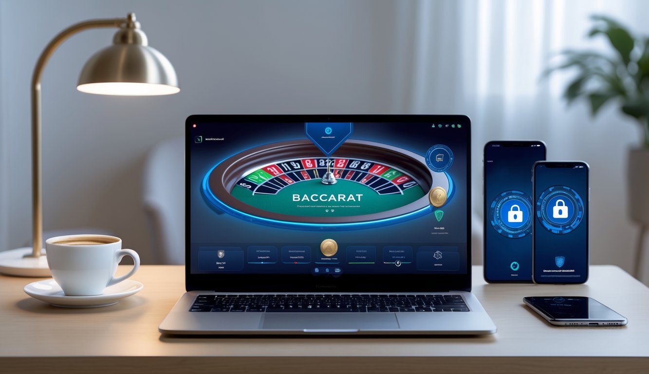 Seorang pengguna sedang bermain baccarat online di komputer dengan suasana ruangan yang tenang dan perangkat pembayaran digital di dekatnya.