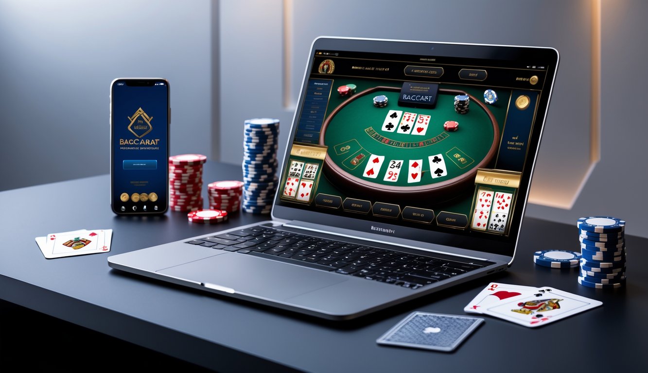 Seorang pria duduk di depan laptop dengan tampilan permainan baccarat online, dikelilingi kartu remi dan chip poker di meja kerja yang rapi.