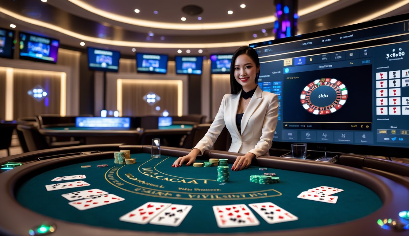 Seorang dealer langsung bermain baccarat di meja kasino modern dengan tampilan digital dan suasana profesional.