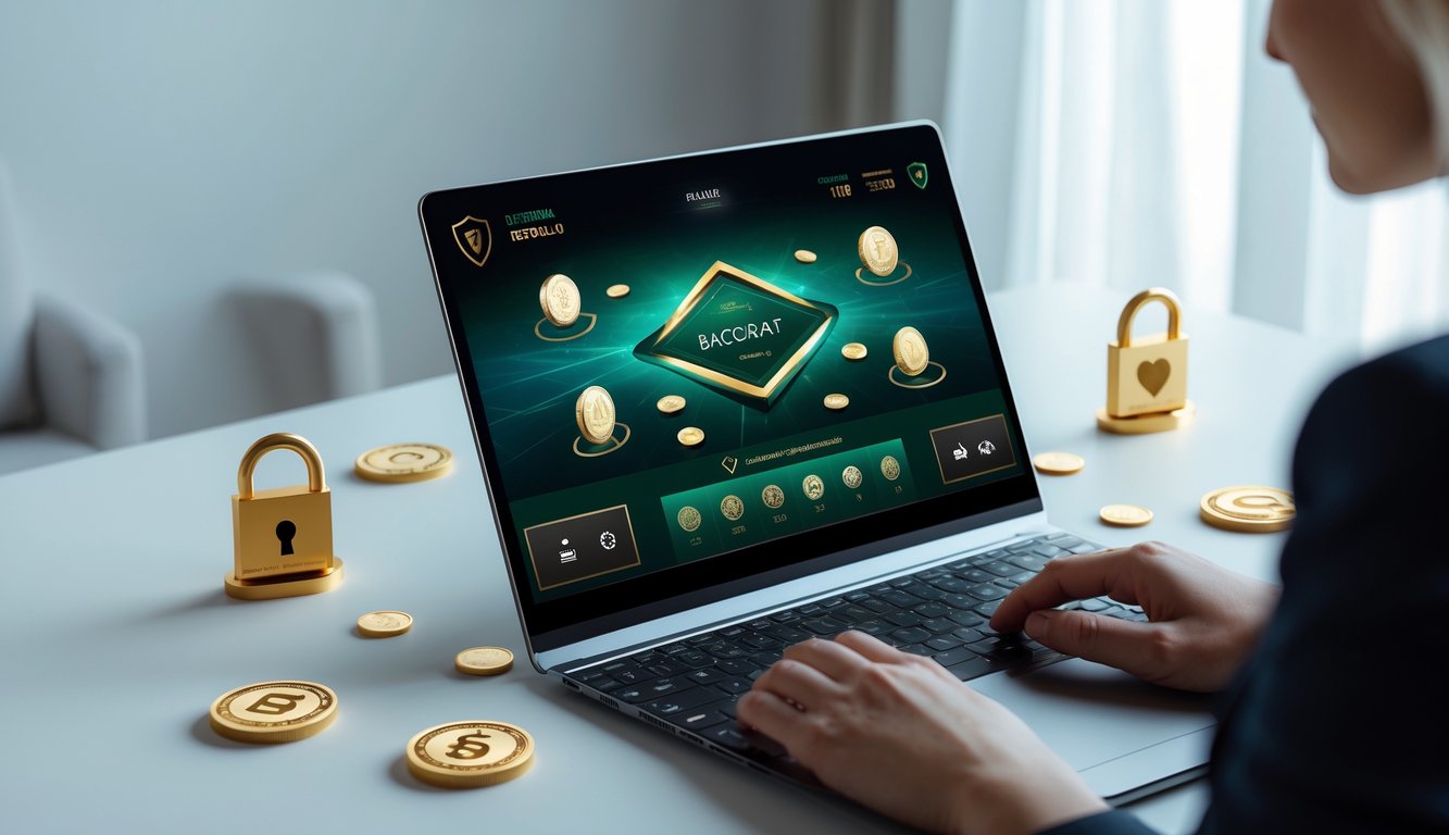 Seorang pengguna sedang bermain permainan baccarat online di komputer dengan latar belakang yang bersih dan elemen yang menunjukkan keamanan dan kepercayaan.