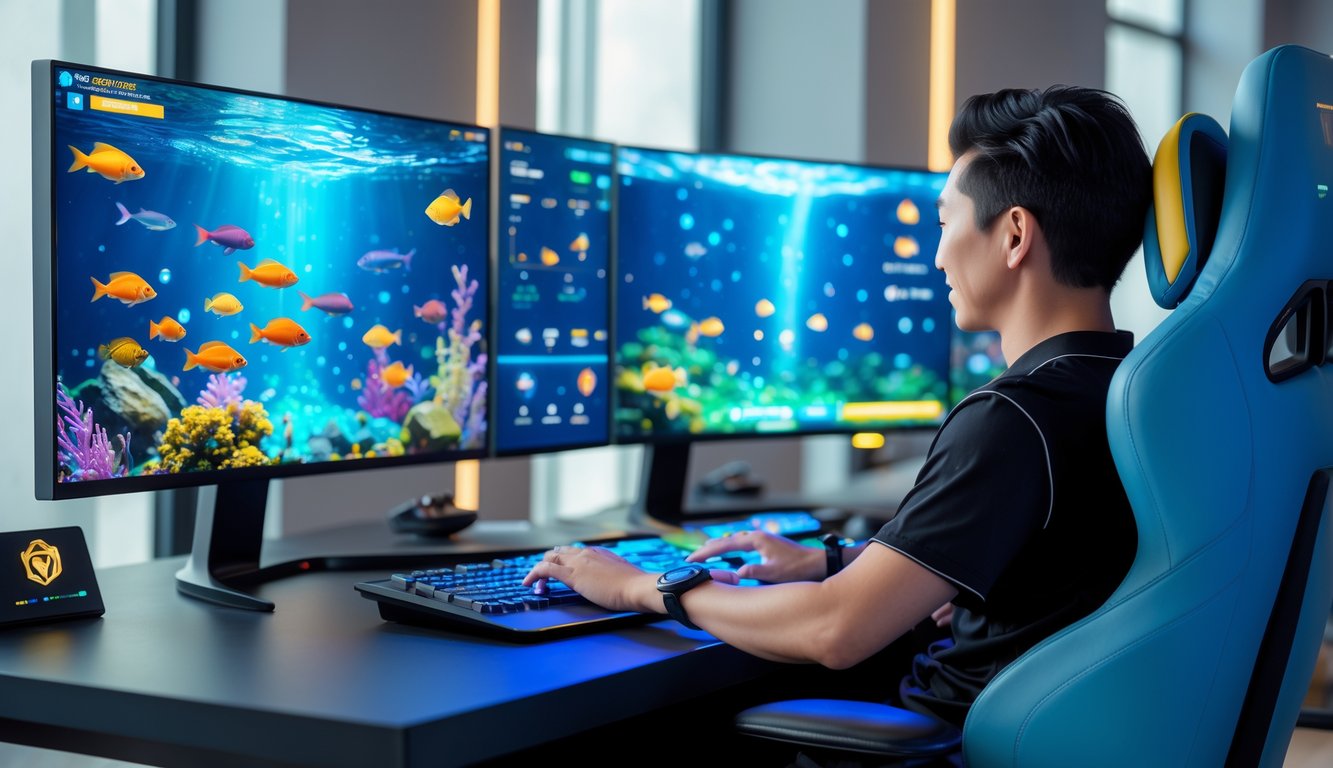 Seorang pemain dewasa menggunakan komputer dengan tampilan permainan tembak ikan online berwarna-warni di layar dalam ruangan modern.