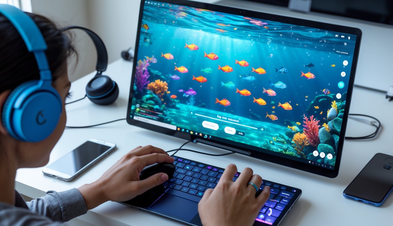 Seseorang sedang bermain game tembak ikan online di komputer dengan latar belakang ikan berwarna-warni di layar.