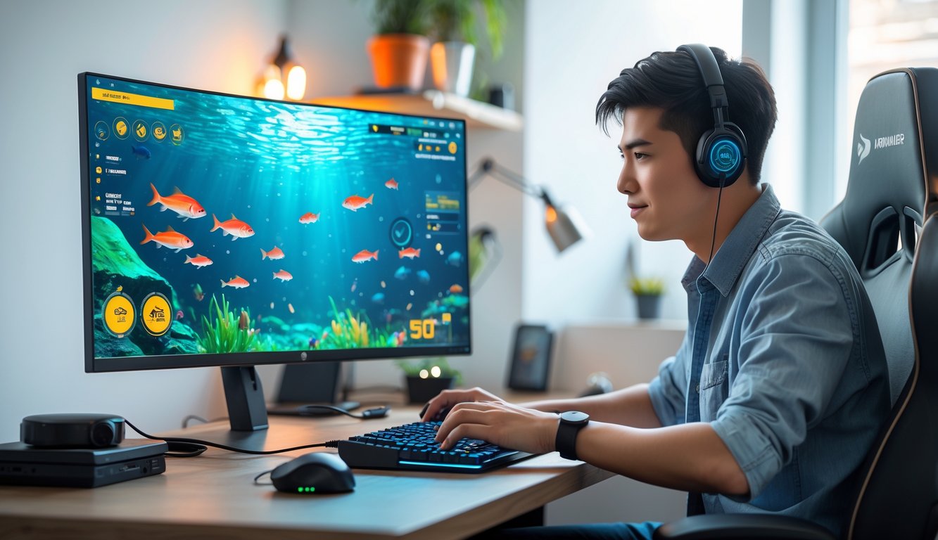 Seorang dewasa muda sedang fokus bermain game tembak ikan online di komputer dalam ruangan kantor rumah yang nyaman.