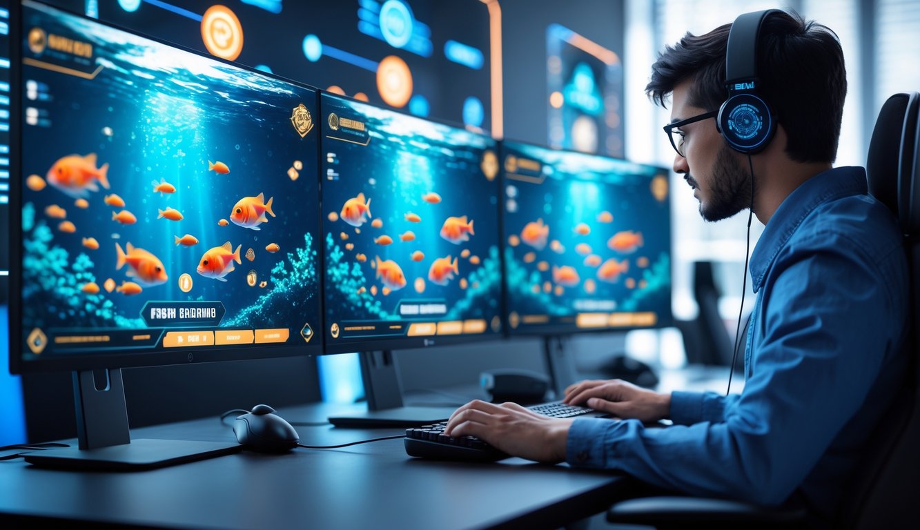 Seorang pria menggunakan komputer dengan layar menampilkan permainan tembak ikan online di ruangan yang terang dan modern.