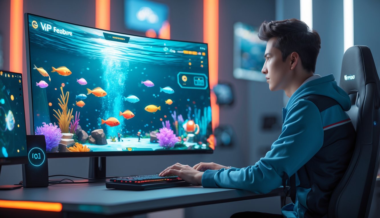Seorang pemain muda sedang bermain game tembak ikan online dengan latar belakang layar komputer yang menampilkan grafis ikan warna-warni dan elemen permainan yang dinamis.