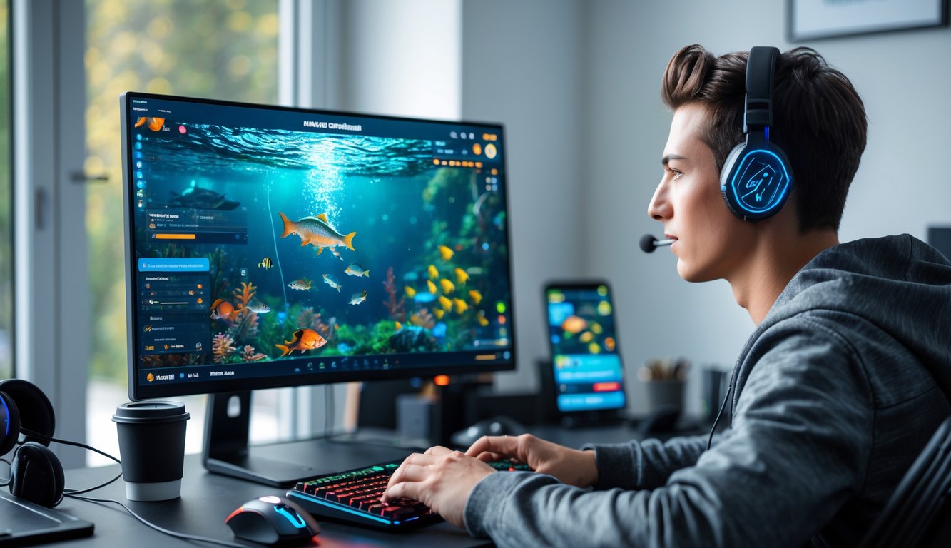 Seorang pria muda duduk di depan komputer dengan permainan tembak ikan online di layar, di ruang kerja modern dan terang.