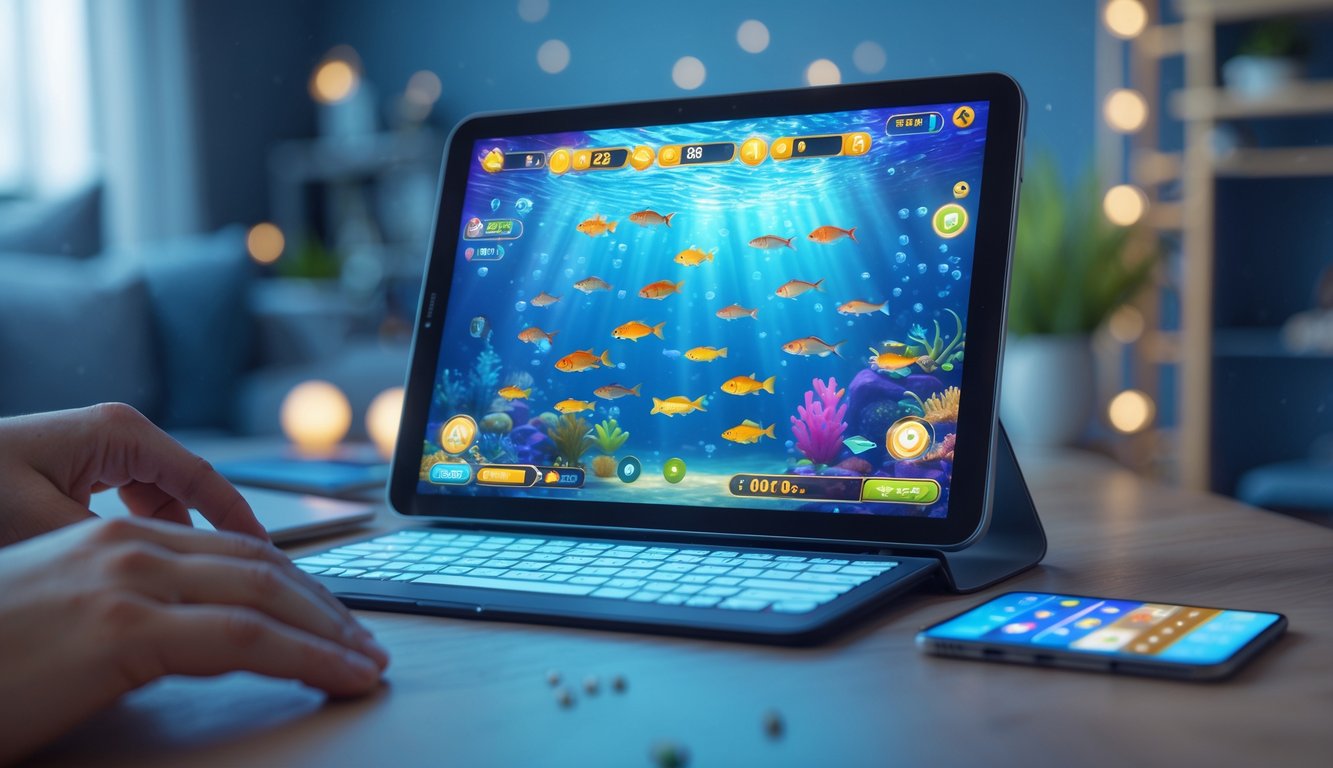 Seorang pemain sedang bermain game tembak ikan online di layar komputer dengan latar belakang bertema bawah laut.