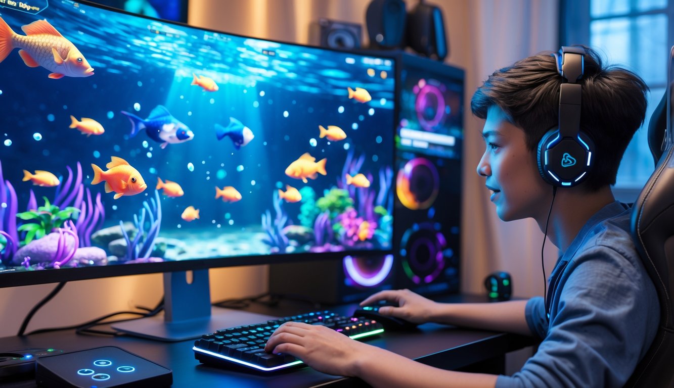 Seorang pemain muda sedang fokus bermain game tembak ikan online di komputer dengan latar ruangan yang nyaman dan pencahayaan hangat.