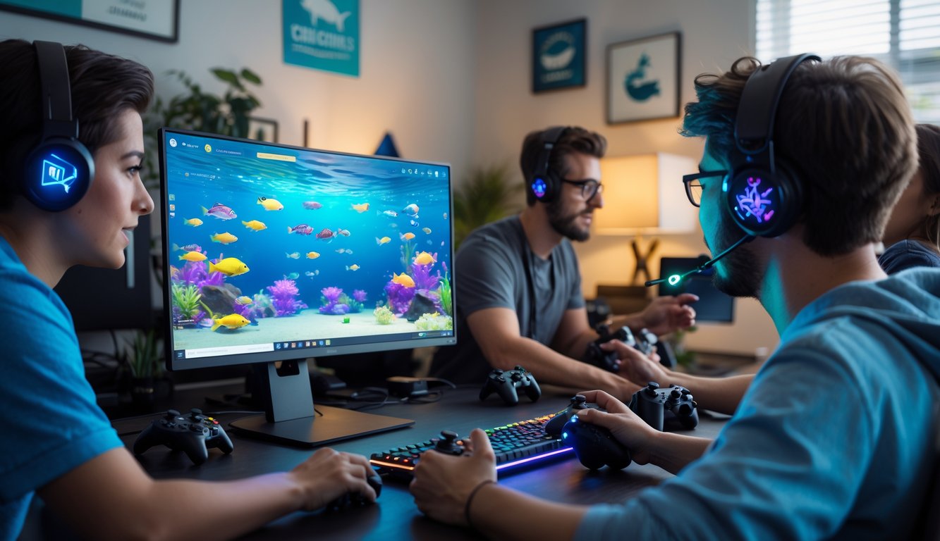 Orang-orang bermain game tembak ikan online di ruang kerja dengan komputer dan pencahayaan yang nyaman.