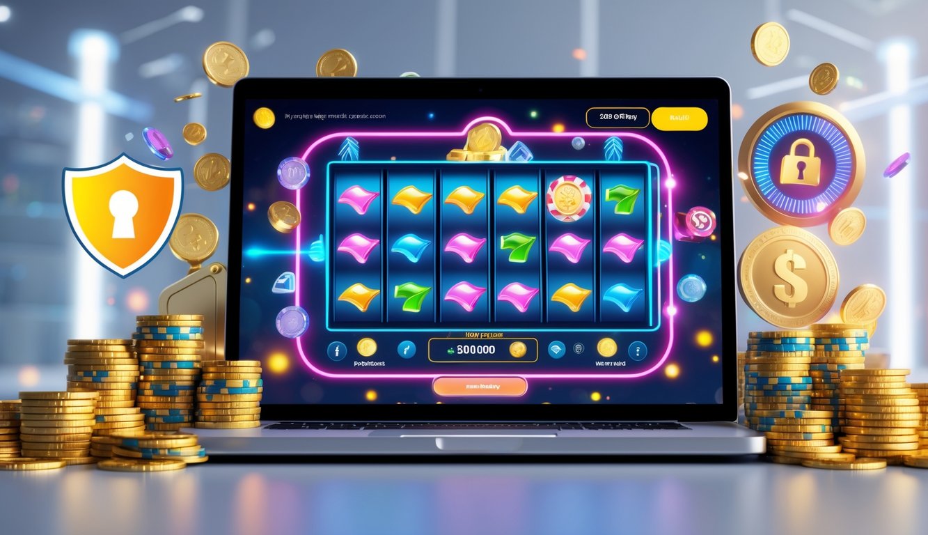 Seorang pengguna sedang bermain mesin slot online di komputer dengan latar belakang simbol keamanan dan hadiah besar.
