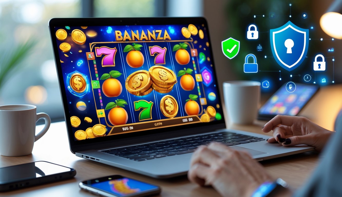 Seorang pemain menggunakan laptop di meja yang menampilkan permainan slot online dengan simbol buah dan koin emas, dikelilingi oleh elemen yang menunjukkan keamanan dan kenyamanan.