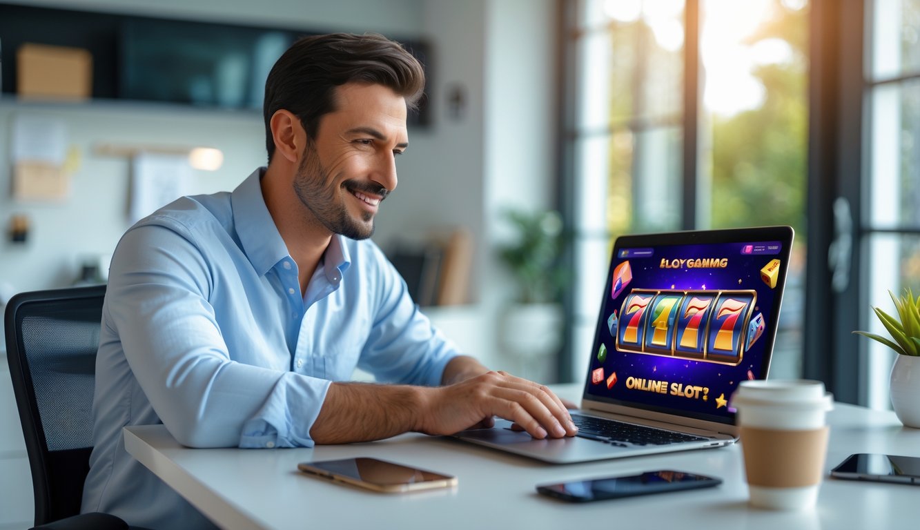 Seorang pria duduk di meja dengan laptop yang menampilkan permainan slot online, terlihat fokus dan percaya diri di ruang kerja rumah.