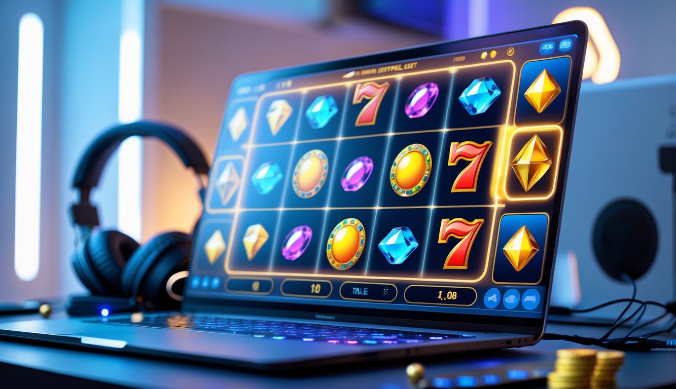 Seseorang sedang bermain permainan slot online di komputer dengan suasana ruang kerja yang rapi dan modern.