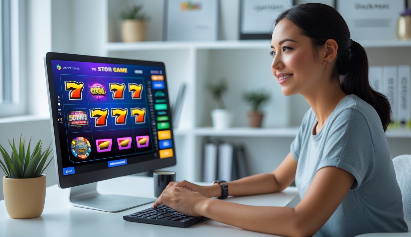 Seorang wanita muda duduk di meja dengan laptop yang menampilkan permainan slot online, terlihat fokus dan percaya diri di ruangan kerja rumah yang rapi.