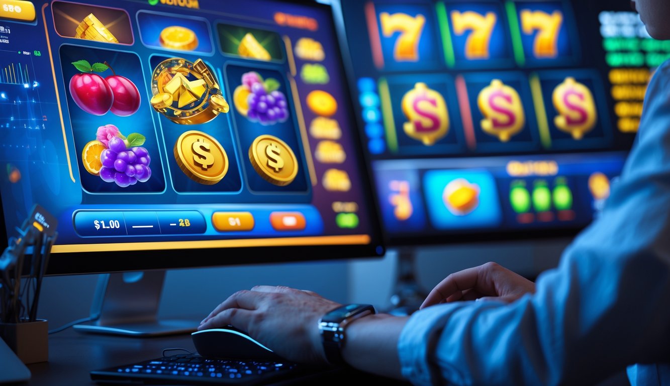 Seseorang bermain permainan slot online di komputer dengan tampilan grafis warna-warni dan suasana kerja yang rapi.