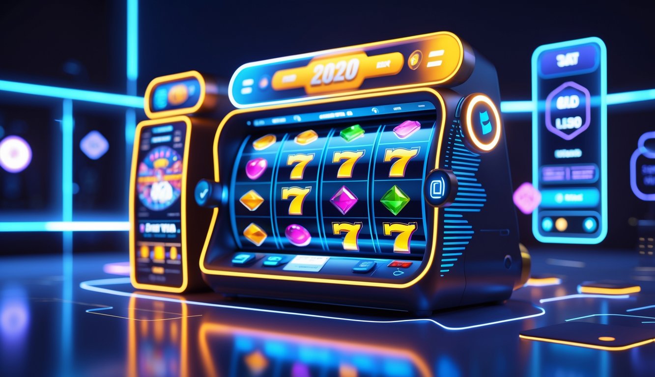 Tampilan antarmuka permainan slot online modern dengan mesin slot digital berwarna-warni dan elemen fitur lengkap di latar belakang biru gelap.