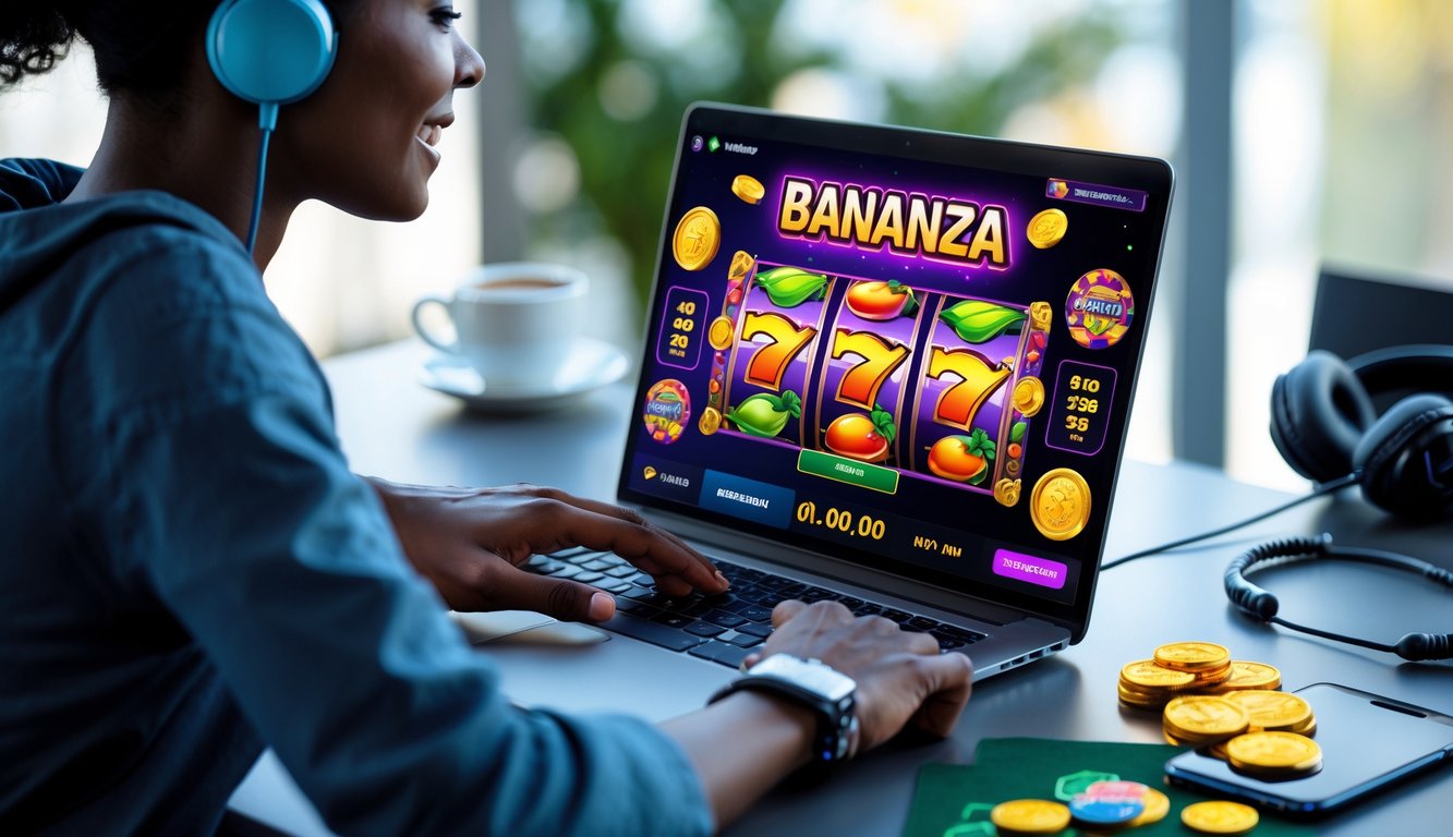 Seorang pemain sedang menggunakan laptop dengan permainan slot berwarna-warni di layar, di meja terdapat ponsel, headphone, dan secangkir kopi.