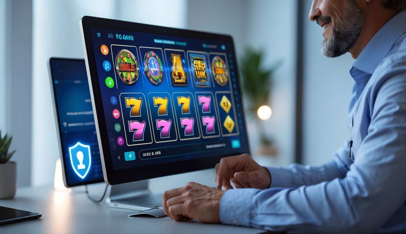 Orang dewasa menggunakan komputer dengan tampilan permainan slot online yang berwarna-warni di layar, di ruang kerja yang rapi dan terang.