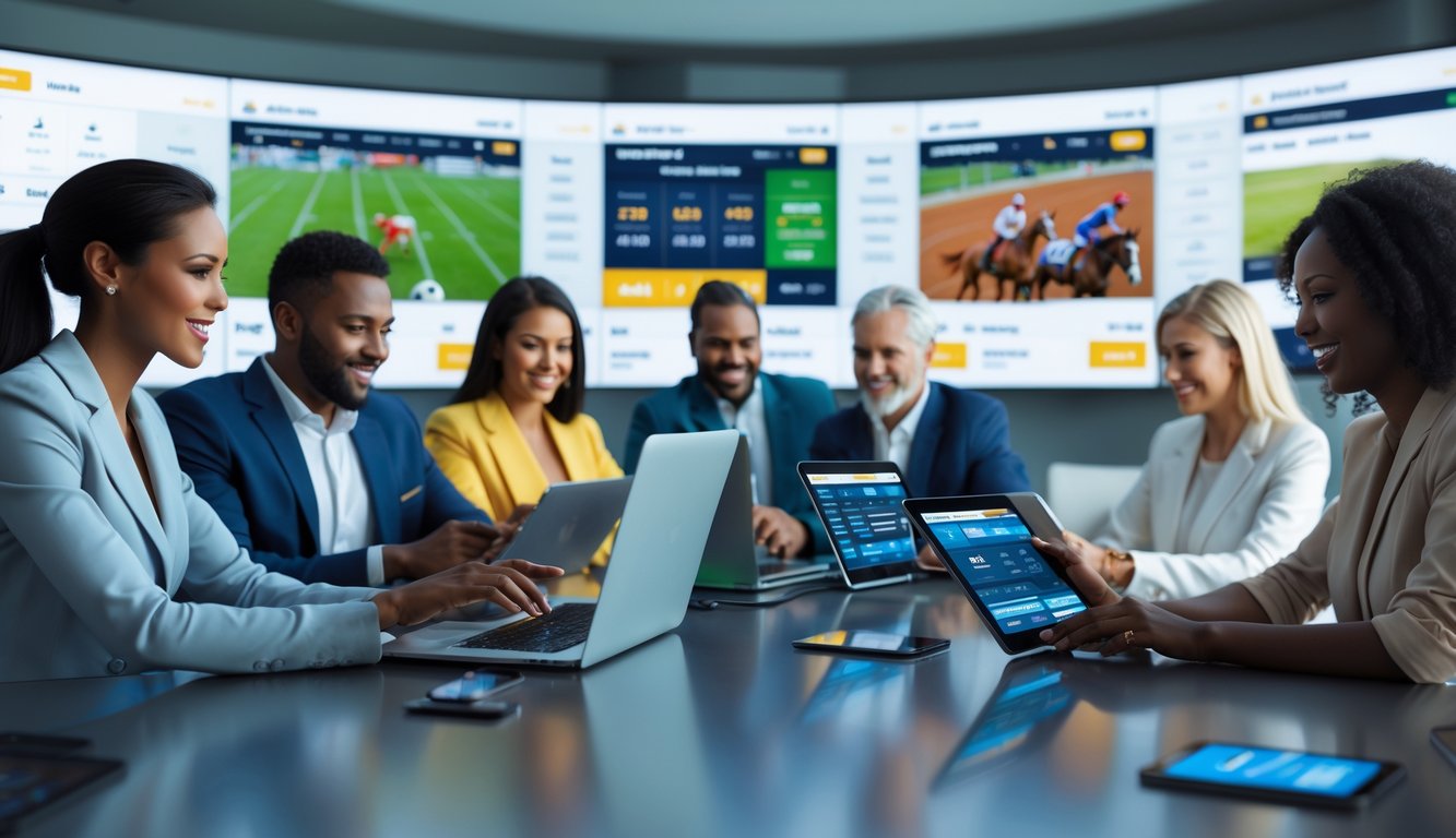 Beberapa orang menggunakan perangkat digital untuk memasang taruhan olahraga online dengan latar belakang acara olahraga yang sedang berlangsung.