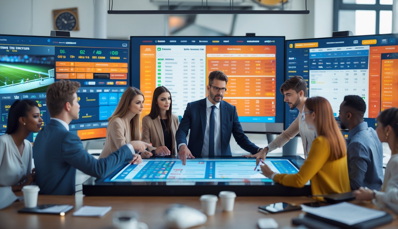 Sekelompok orang muda sedang berdiskusi di depan layar digital besar yang menampilkan statistik dan informasi taruhan olahraga.