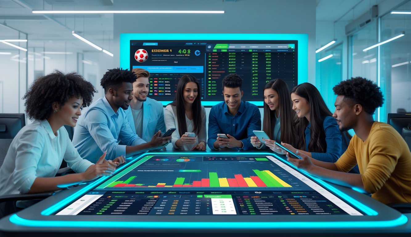 Sekelompok orang muda sedang menggunakan perangkat digital di ruang kerja modern untuk bertaruh olahraga secara online dengan layar yang menampilkan statistik dan skor pertandingan.