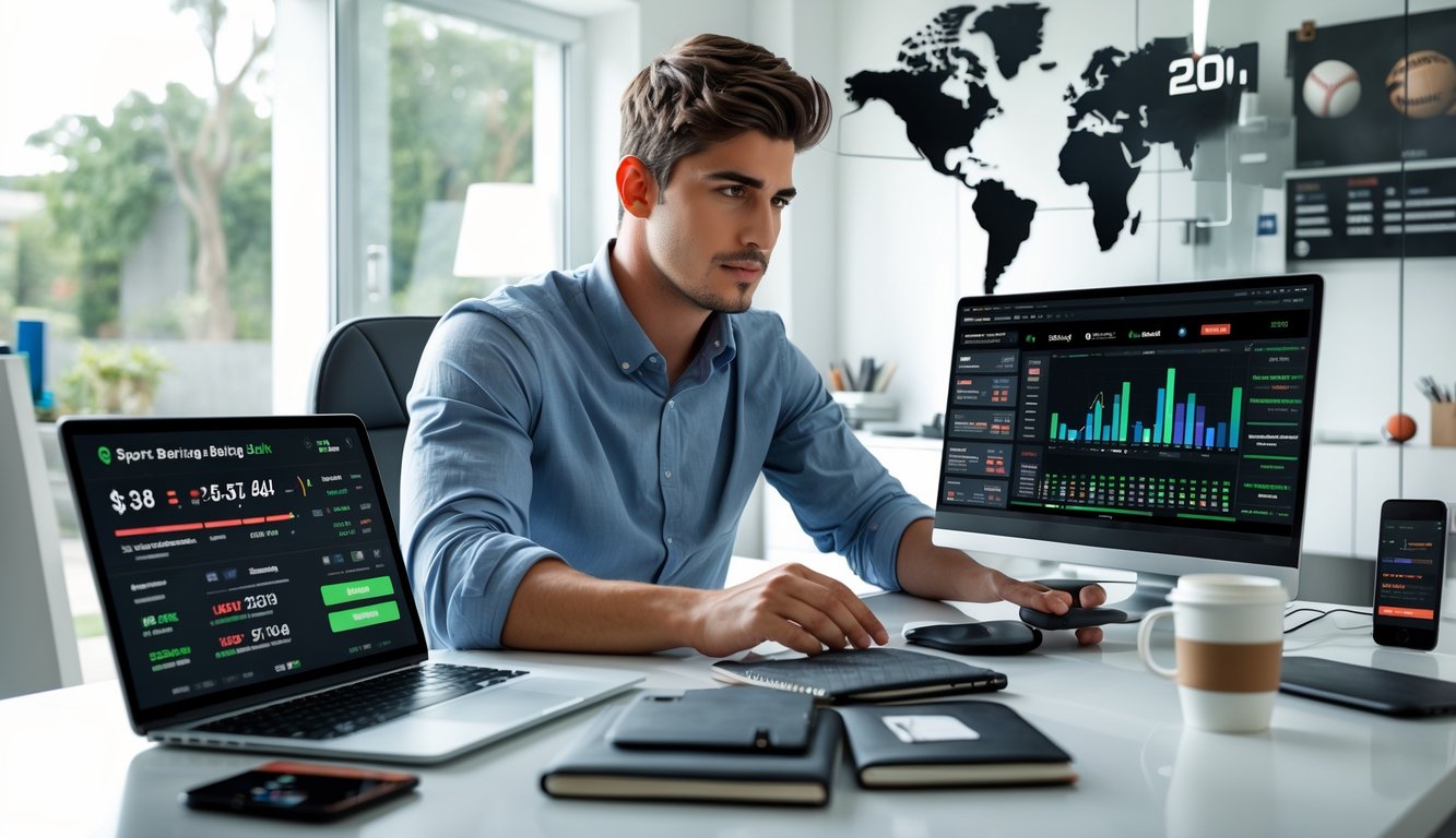 Seorang pria muda duduk di meja dengan beberapa perangkat digital menampilkan statistik dan pertandingan olahraga langsung, fokus menganalisis data strategi judi olahraga online.
