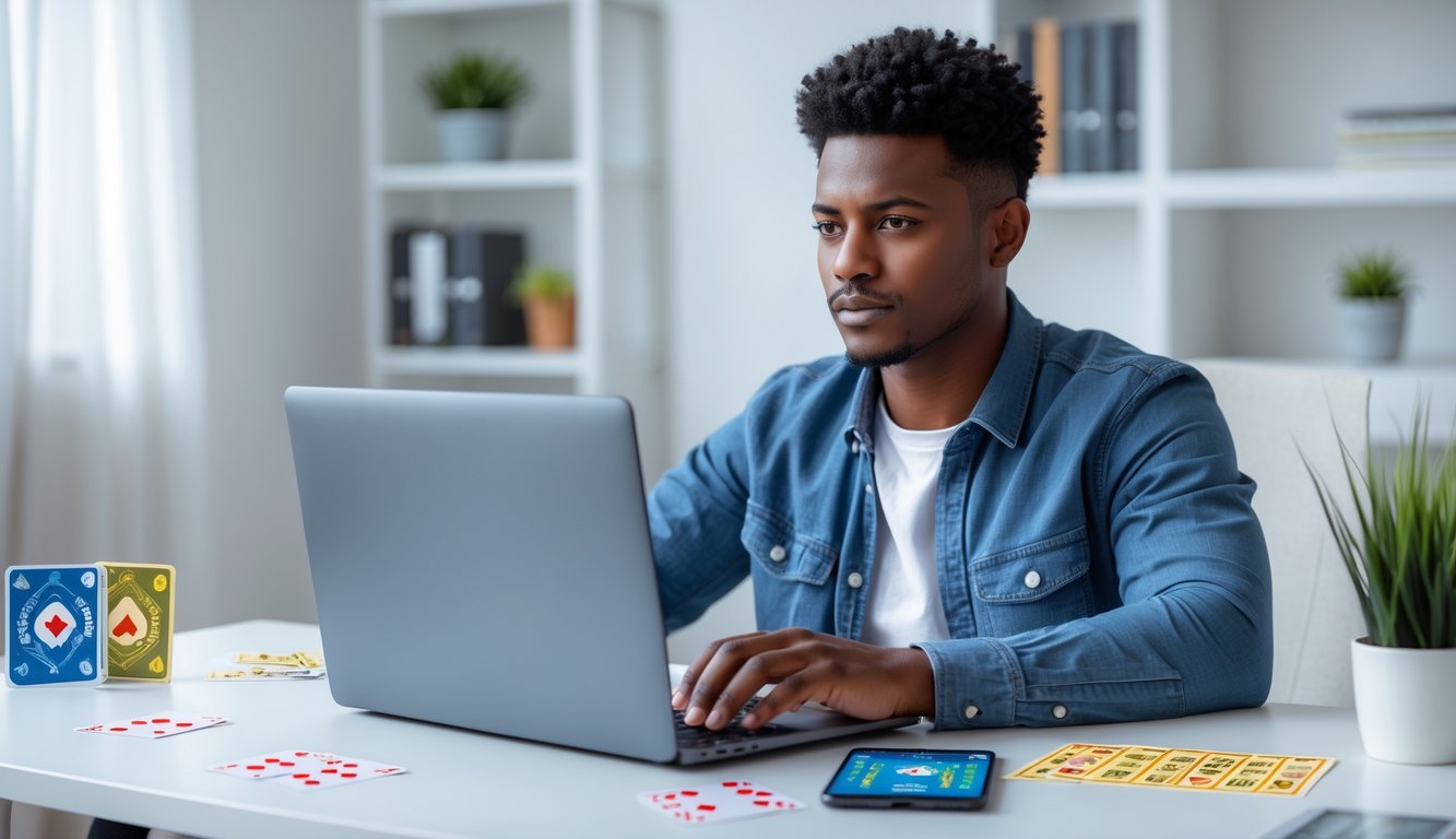 Seorang pemuda duduk di meja dengan laptop, terlihat fokus dan serius, di ruang kerja rumah yang rapi dengan elemen permainan seperti kartu dan tiket lotre di sekitarnya.