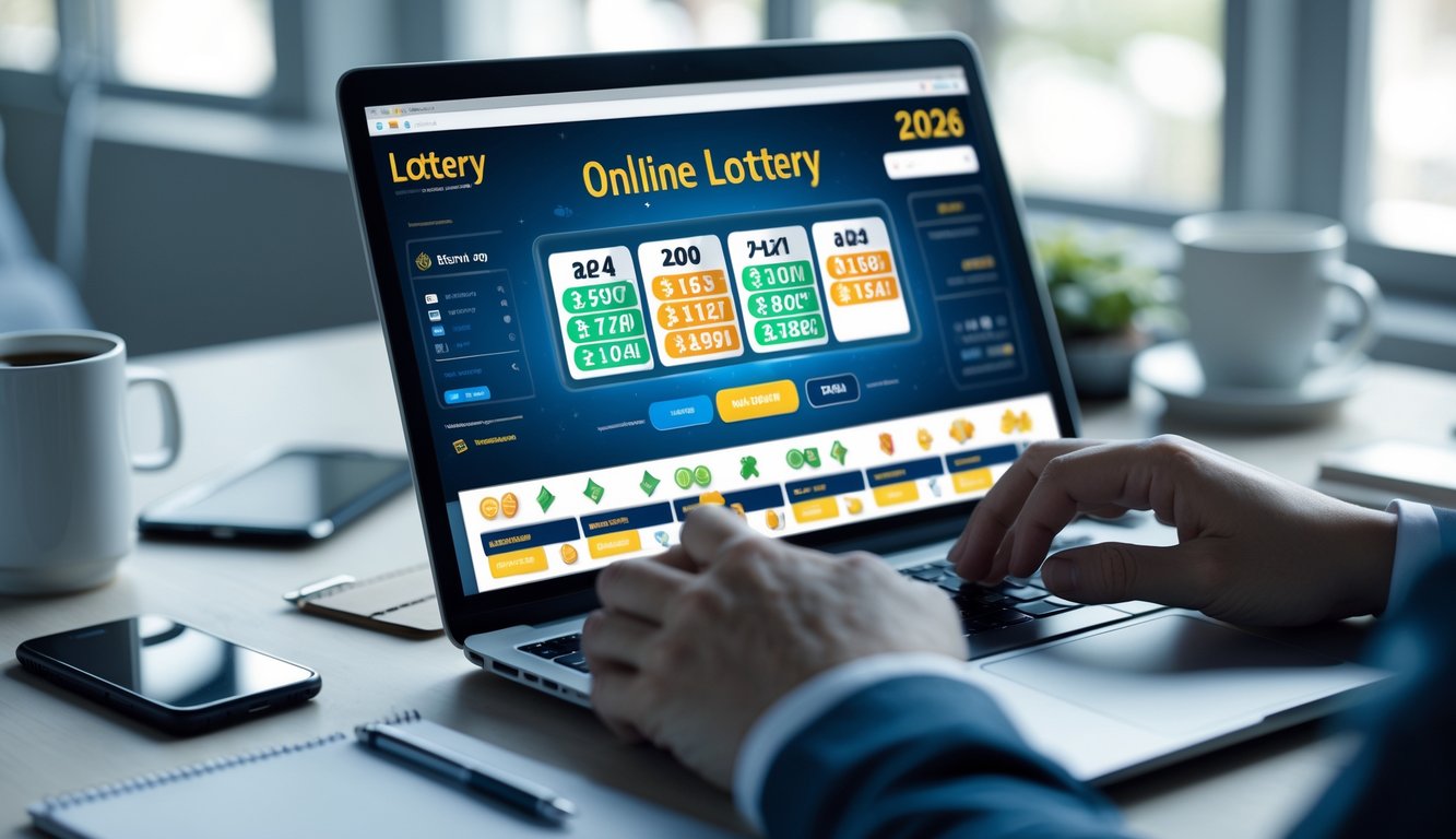 Seseorang menggunakan laptop di meja kerja dengan tampilan situs togel online dan fitur bonus, di ruang yang terang dan rapi.