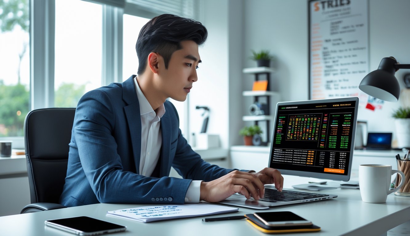 Seorang pria muda duduk di meja kerja dengan laptop, terlihat fokus mempelajari data dan catatan di ruangan terang.