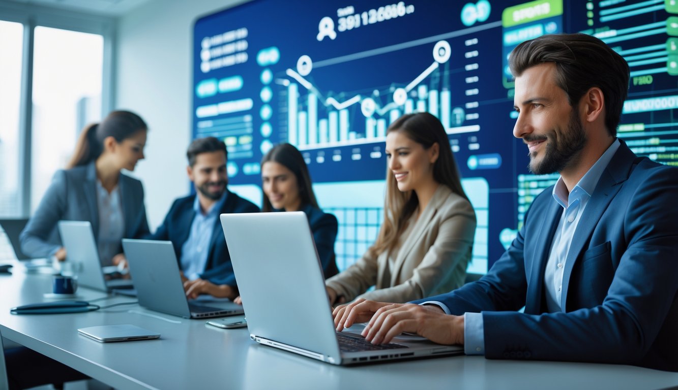 Sekelompok orang menggunakan laptop dan ponsel di kantor modern dengan latar belakang elemen digital yang menggambarkan transaksi cepat dan terpercaya.