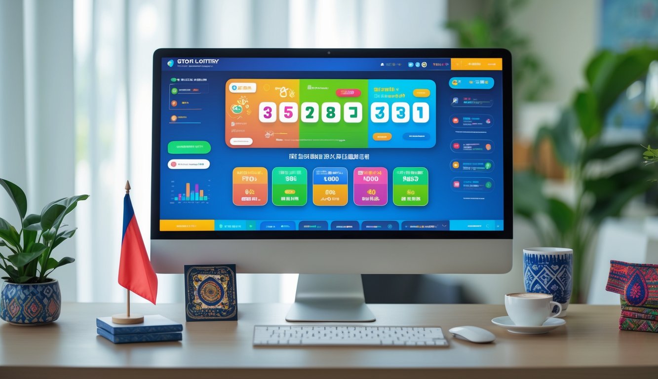 Meja kerja modern dengan komputer yang menampilkan situs togel online, dilengkapi dengan aksesori bertema Indonesia dan suasana yang rapi dan profesional.