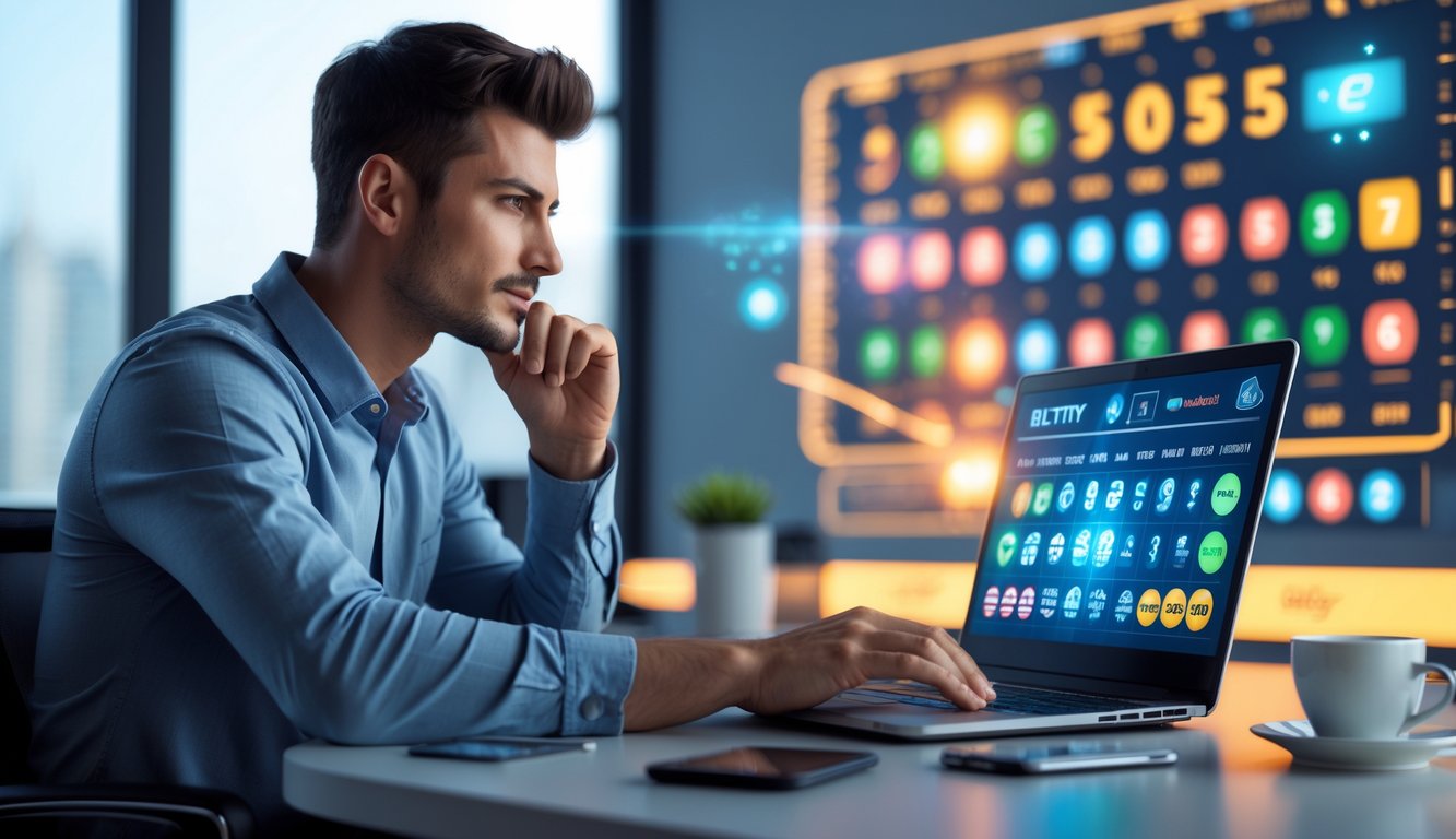 Seorang pria muda duduk di depan laptop dengan tampilan antarmuka judi online, terlihat fokus dan serius di ruangan modern.