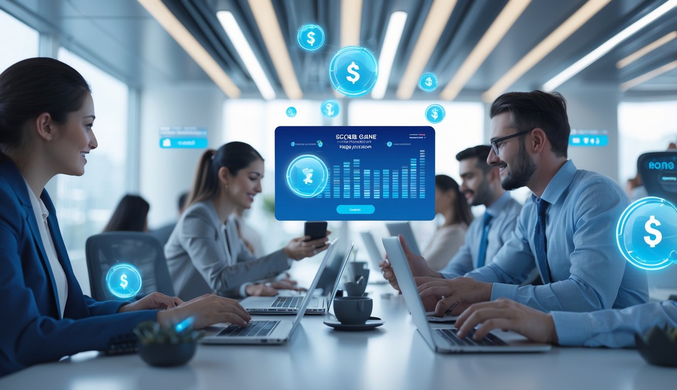 Orang-orang sedang menggunakan perangkat digital di ruang kantor modern yang cerah dan bersih, dengan suasana yang profesional dan dinamis.