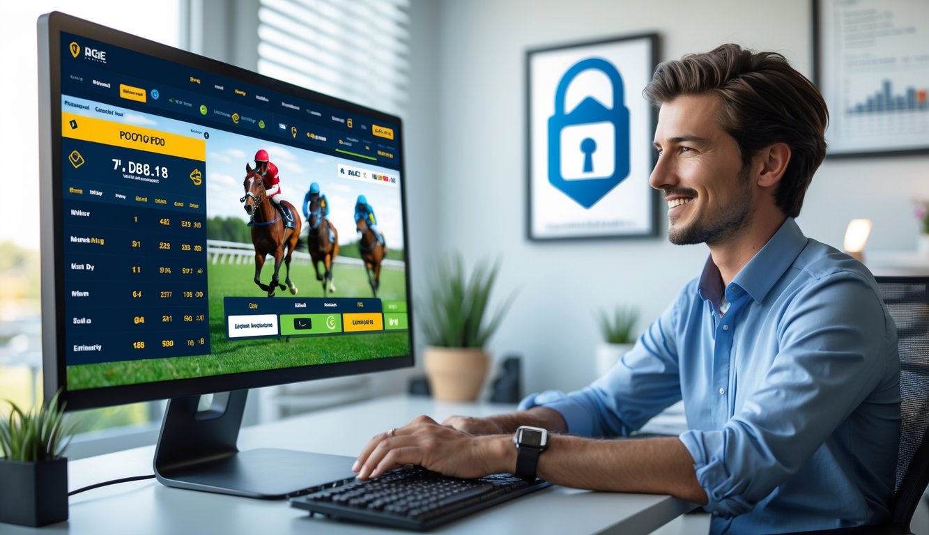 Seseorang sedang menggunakan komputer dengan tampilan taruhan balap kuda online di sebuah ruang kerja yang rapi.