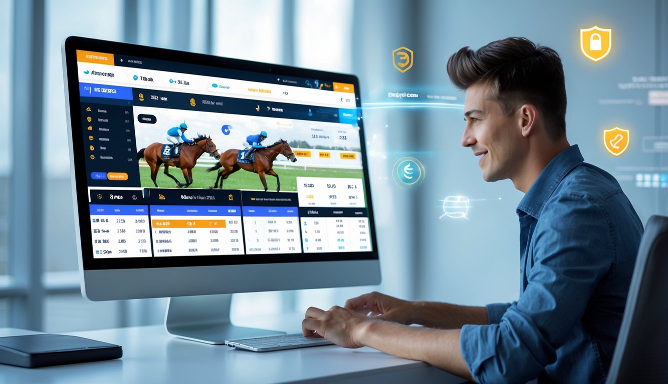 Seseorang sedang menggunakan komputer dengan tampilan taruhan balap kuda online yang menampilkan jadwal dan peluang taruhan.