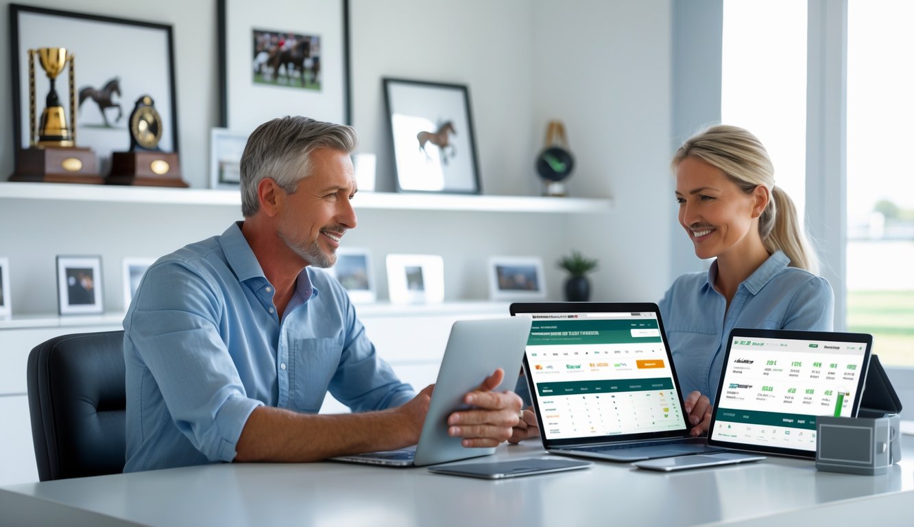 Dua orang dewasa sedang menggunakan perangkat digital untuk bertaruh balap kuda secara online di ruangan yang terang dan nyaman.