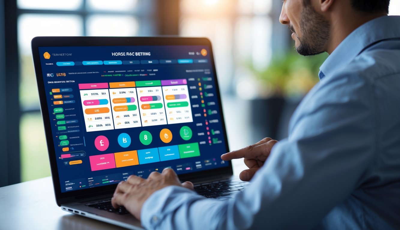 Seseorang menggunakan komputer dengan antarmuka taruhan balap kuda online yang modern dan terpercaya.