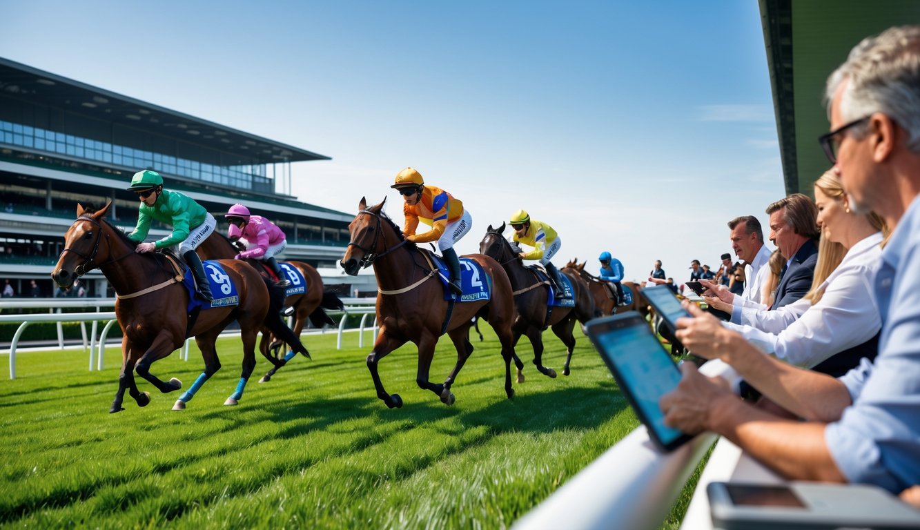 Sejumlah kuda pacu sedang berlomba di lintasan dengan penonton yang antusias mengamati dan memasang taruhan secara online.