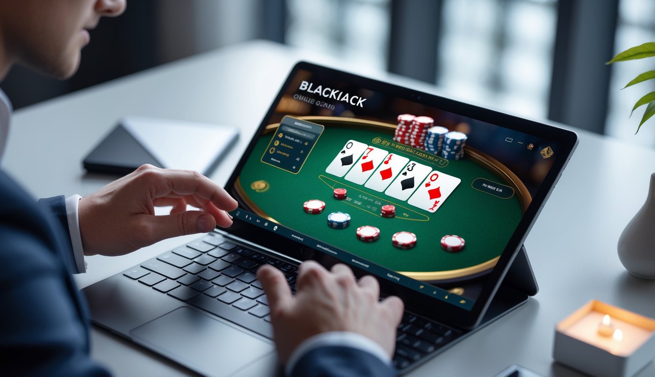 Seorang pemain menggunakan laptop dengan permainan blackjack online yang sedang berjalan di layar, di atas meja yang rapi dan pencahayaan lembut.