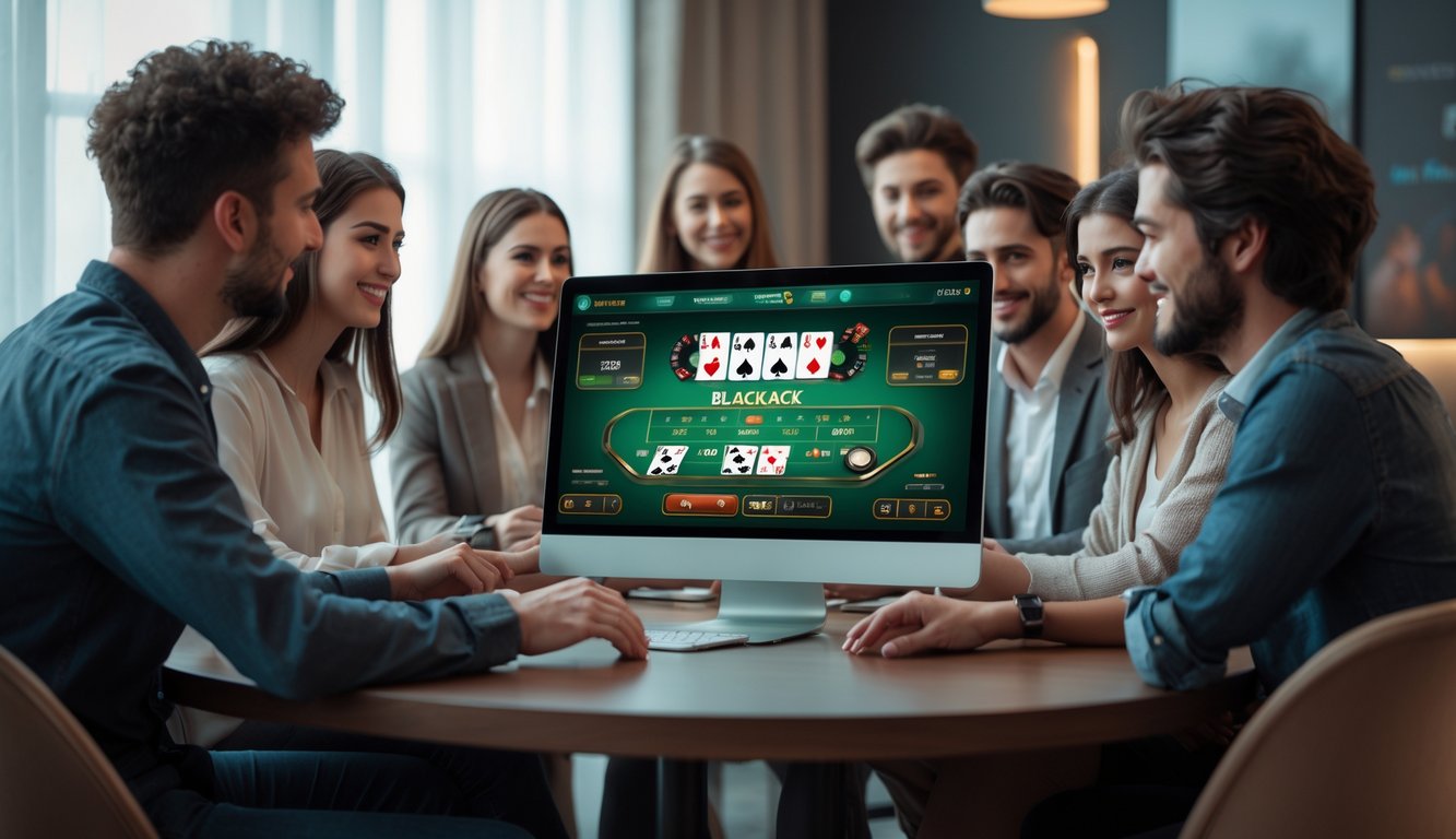 Beberapa orang muda duduk di sekitar meja dengan komputer yang menampilkan permainan blackjack online, terlihat fokus dan menikmati permainan.