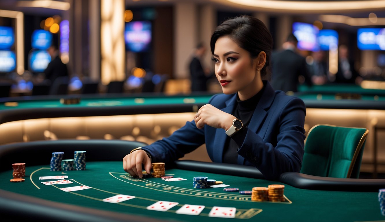 Seorang pria duduk di meja blackjack dengan kartu dan chip poker, terlihat sedang merencanakan strategi di kasino.