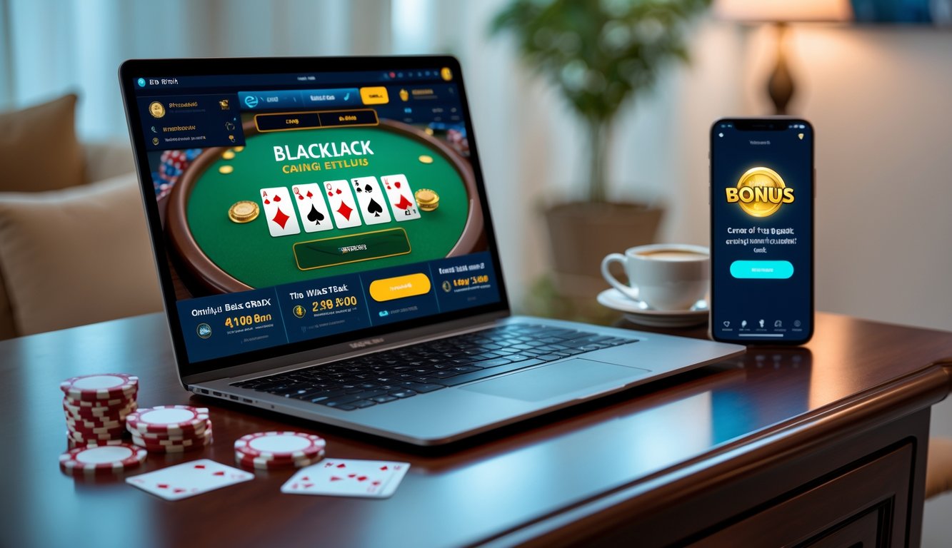 Seorang pengguna sedang bermain blackjack online di laptop dengan ponsel yang menampilkan notifikasi bonus di meja kayu yang rapi.