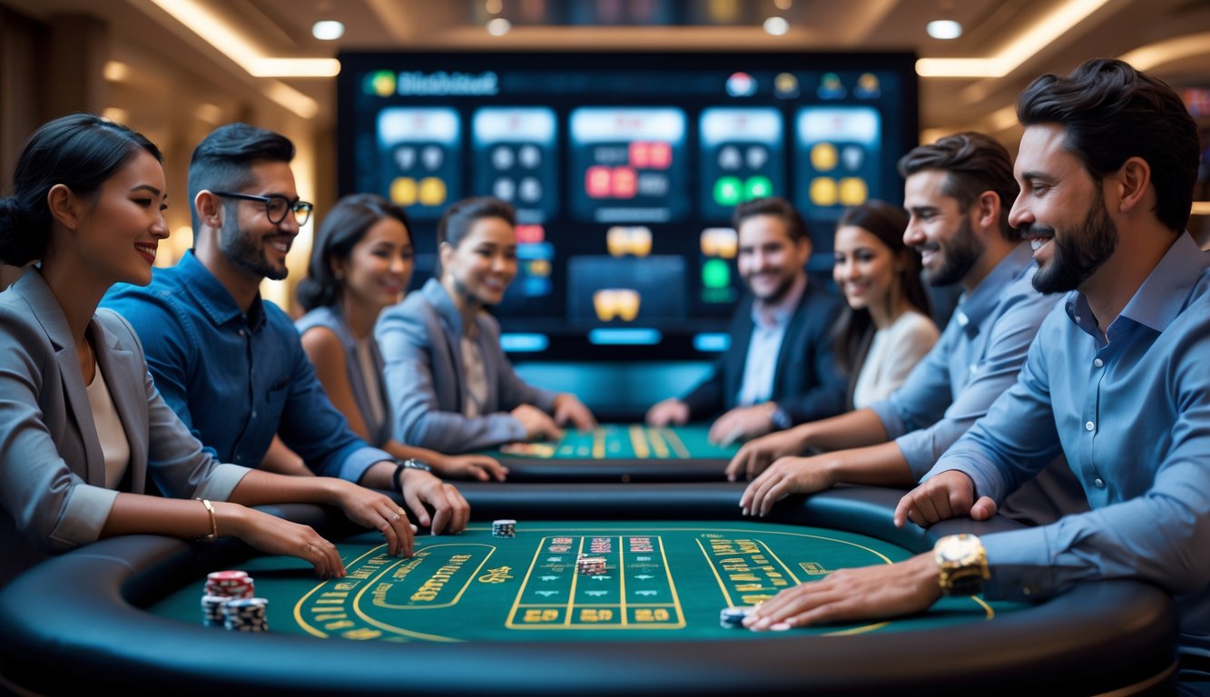 Suasana kasino modern dengan meja blackjack digital dan pemain yang terlihat percaya diri dan puas.
