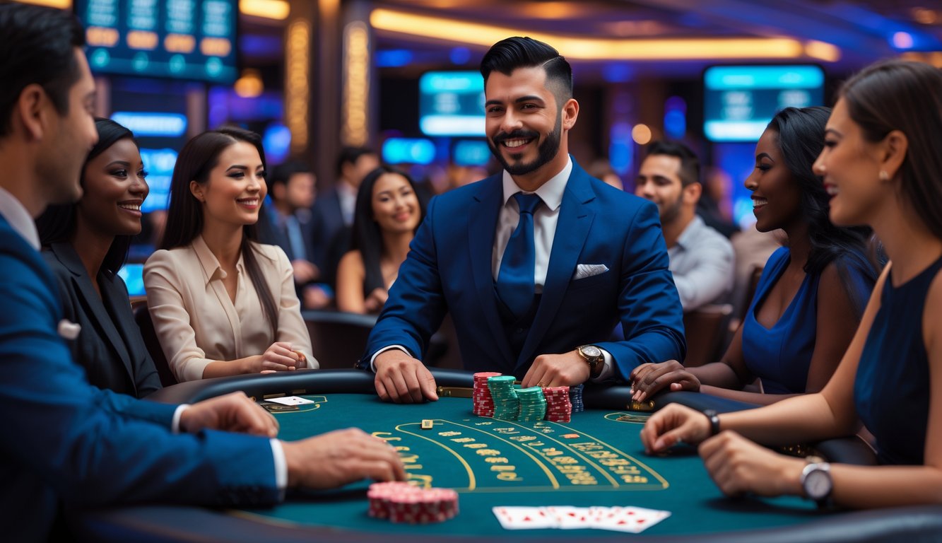 Meja blackjack dengan dealer dan pemain yang sedang bermain di kasino modern.