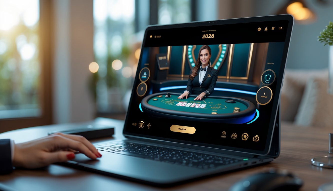 Seorang dealer wanita profesional sedang memimpin permainan blackjack langsung di layar komputer dalam suasana modern dan terpercaya.