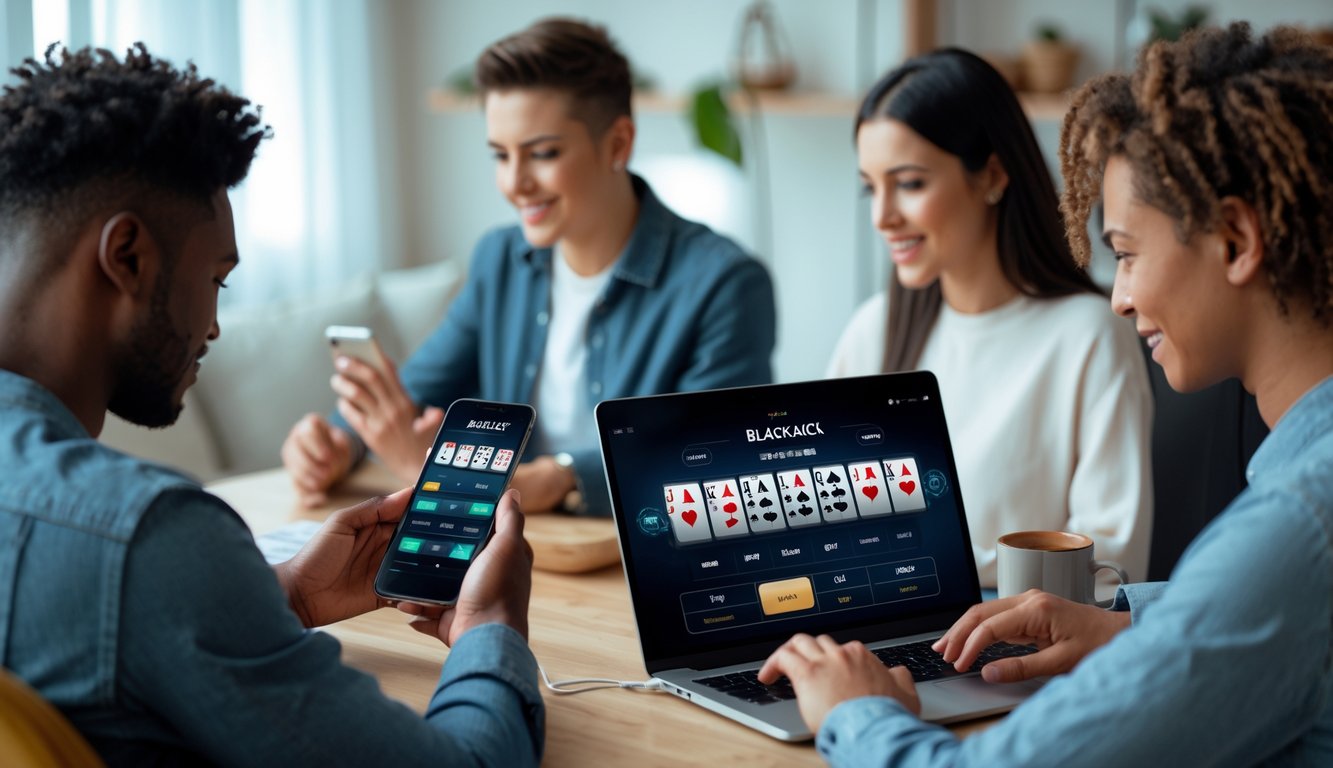 Beberapa orang sedang bermain blackjack online menggunakan ponsel dan laptop di ruangan yang nyaman.