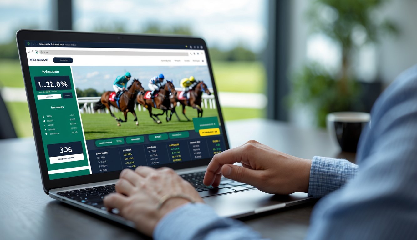 Seseorang menggunakan laptop untuk memasang taruhan balap kuda online dengan latar belakang lintasan balap dan kuda yang sedang berlari.